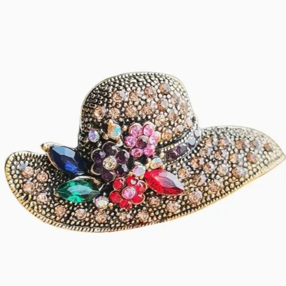 Colorful Hat Shaped Floral Multicolor Gemstone Collar Rhinestone Brooch Pin 2" - Picture 2 of 3